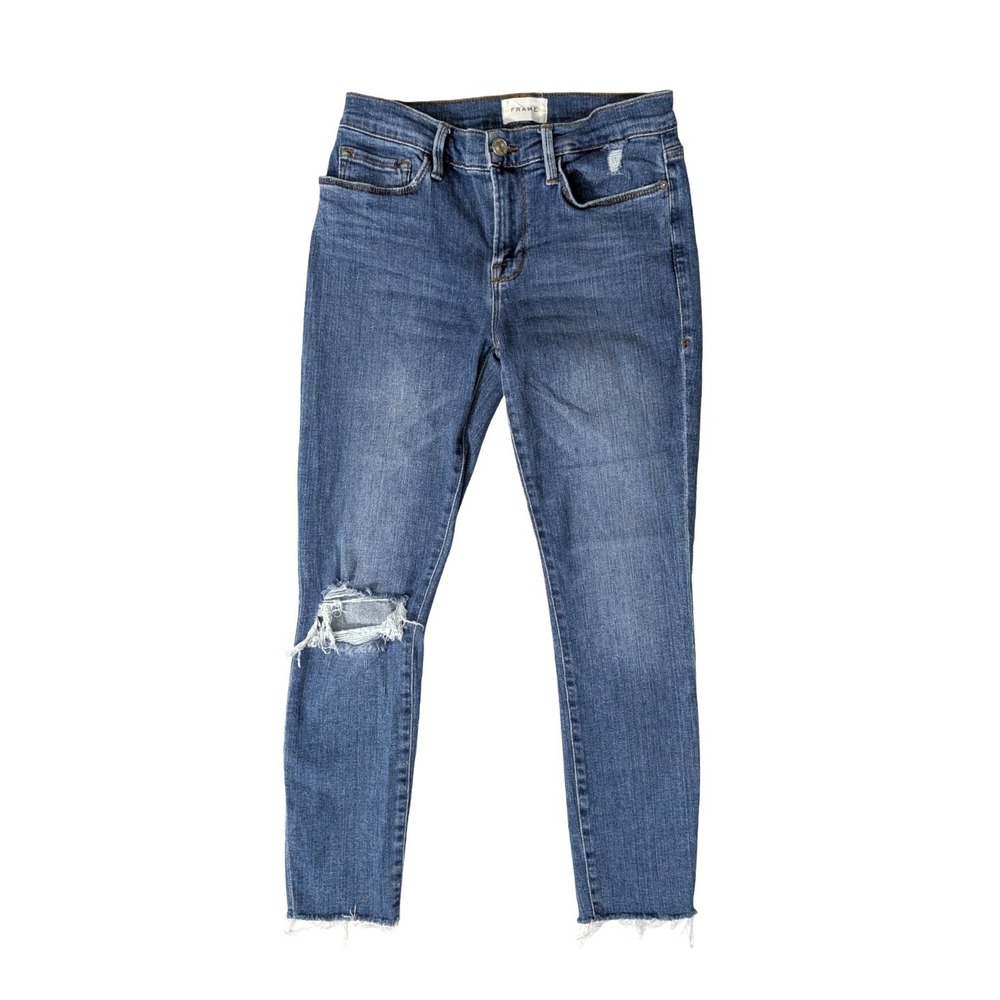FRAME Le Skinny de Jeanne Crop Jeans Sunfaded Rips Distressed Raw Hem Size‎ 28